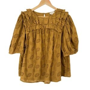Let Me Be Anthropologie Mustard Yellow Beaded Ruffle Blouse Plus Size 16W Cotton